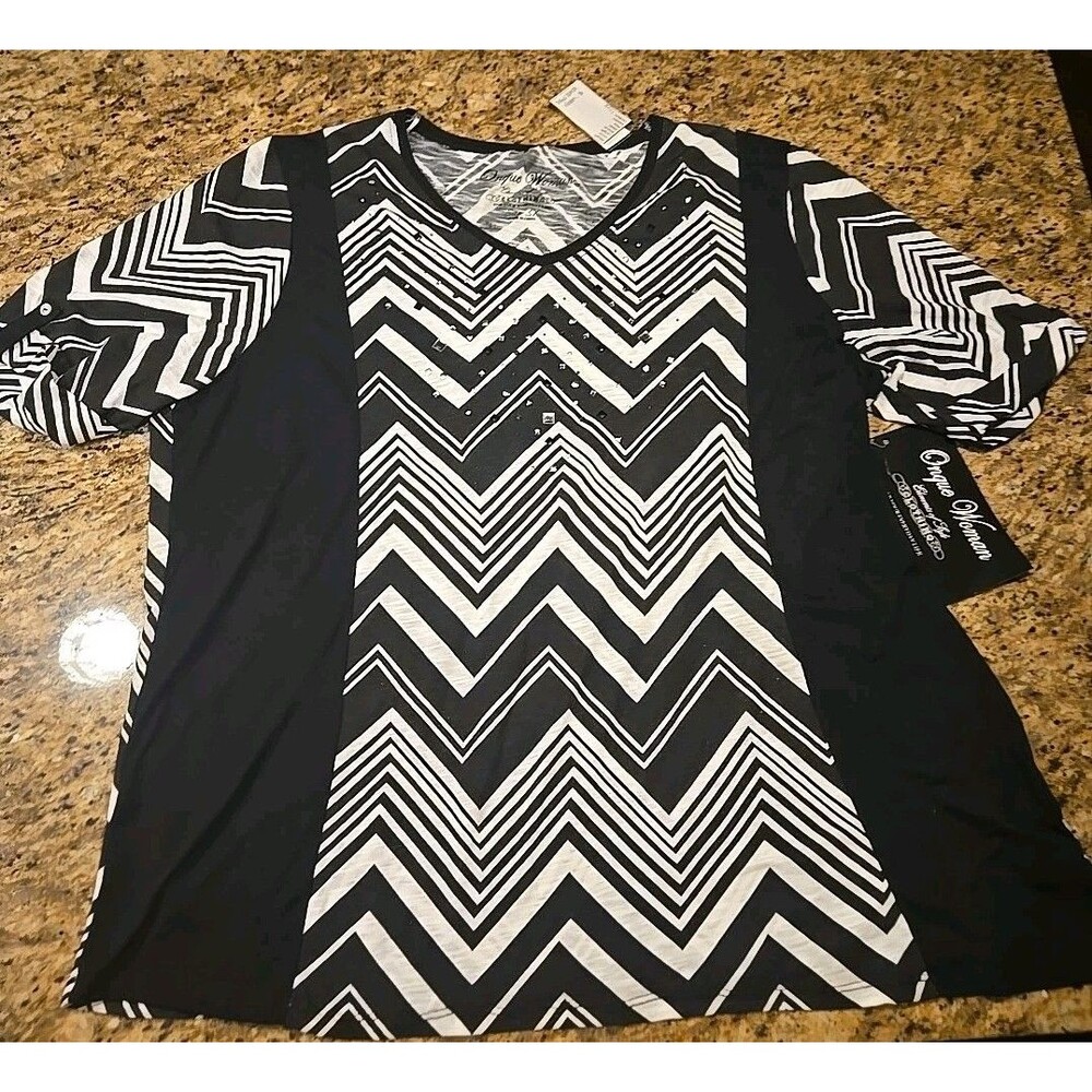 Onque Women Casuals Tunic Top Black White Sequins 3/4 Sleeves Size 3X